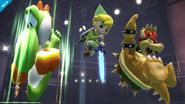 Yoshi realizando el ataque junto a Toon Link y a Bowser en Super Smash Bros. 4.