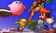 Kirby, Samus, Toon Link y Mario en el Campo de batalla.