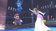 Mario preparándose para dar un salto sobre las cuerdas del Cuadrilátero junto a Mega Man y Zelda.