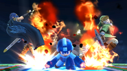 Mega Man atacando a Marth y a Link en el Castillo de Wily.