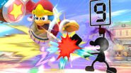 Mr. Game & Watch golpeando al Rey Dedede con Juez.