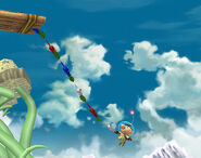 Olimar utilizando Cadena Pikmin como una Recuperación con Cuerda. Notese que la recuperación es imposible, ya que la plataforma es atravesable y, por lo tanto, Olimar no puede engancharse al borde.