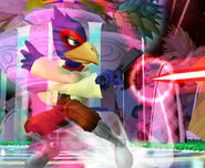 Falco usando el blaster en Super Smash Bros. Melee.