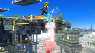 Luigi haciendo un Smash meteórico a Kirby con su burla hacia abajo.