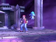 Azelf y el Entrenador Pokémon en el fondo del escenario.