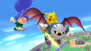 Pikachu, Aldeano y Meta Knight en Sobrevolando el pueblo.