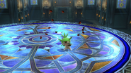 Chespin lanzando semillas en la Liga Pokémon de Kalos.