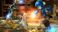 Mewtwo, Samus Zero y tres Luchadores Mii en la Pirosfera.