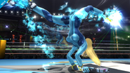 Samus Zero usando su ataque fuerte hacia arriba. Nótese que ahora este ataque tiene cierta influencia de las propulsiones de las botas.