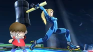 Samus Zero atacando a Aldeano con el Martillo.