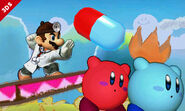 Dr. Mario y dos Kirby en la Isla de Yoshi.