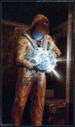 An ecologist wearing the SSP-99 Ecologist suit, holding what appears to be an Moonlight artifact.