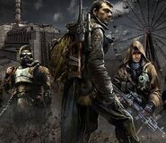 Major Degtyarev depicted in the official S.T.A.L.K.E.R. website. To his left is Strelok with his unique suit and to his right is Mercenary Scar.