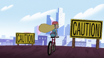 S2E5 Star riding past 'CAUTION' signs