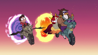 S3E22 Marco, Talon, and Hekapoo riding dragon-cycles