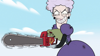 S2E36 Miss Heinous wielding Rasticore's chainsaw