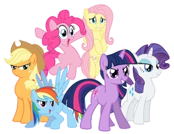 The Mane 6 ready for action. Clockwise from upper right: Fluttershy, Rarity, Twilight Sparkle (pre-Alicorn),Rainbow Dash, Applejack and Pinkie Pie.
