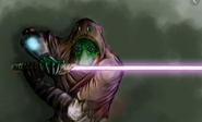 The courageous Jedi Rodian named Jogie with his purple lightsaber, dueling Nihl before he was struck down.