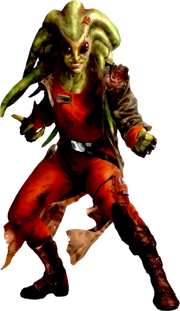 In an aggressive, ready to brawl, pose, the Nautolan offers a grin. Their green amphibious skin is scarred and has a red tattoo at the base of one of the many tentacles emerging from his head. He wears a coat and bodysuit, both relatively tattered.