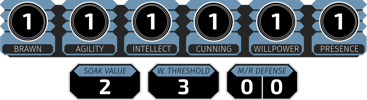 Brawn 1 Agility 1 Intellect 1 Cunning 1 Willpower 1 Presence 1 Soak Value 2 Wound Threshold 3 Melee Defense 0 Ranged Defense 0