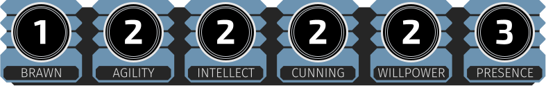 Brawn 1 Agility 2 Intellect 2 Cunning 2 Willpower 2 Presence 3