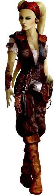 Dressed in mechanic's leather overalls, a white and thin shirt seen underneath, the desaturated green Twi'lek appears to approach. She holds a hand at her toolbelt and her long lekku can be seen extending down to her waist.