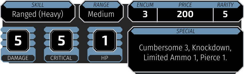 Skill Ranged (Heavy) Range Medium Encumbrance 3 Price 200 Rarity 5 Damage 5 Critical Rating 5 Hard Points 1 Special Cumbersome 3, Knockdown, Limited Ammo 1, Pierce 1