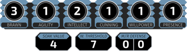 Brawn 3 Agility 1 Intellect 2 Cunning 1 Willpower 1 Presence 1 Soak Value 4 Wound Threshold 7 Melee Defense 0 Ranged Defense 0