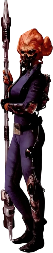 The distinctive Kel Dor, with the tubular protrusions curled at either side of her head, eye protection, and stylised rebreather, stands with a long electrostaff in both hands. She holds it close to her body which is clad in a tight single-piece bodyglove with some electronic attachments scattered over it.