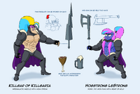 A drawn image of Starbarians action figures, by Harry Partridge, revealing Hogstrong's surname and the names of their weapons.[4][5]