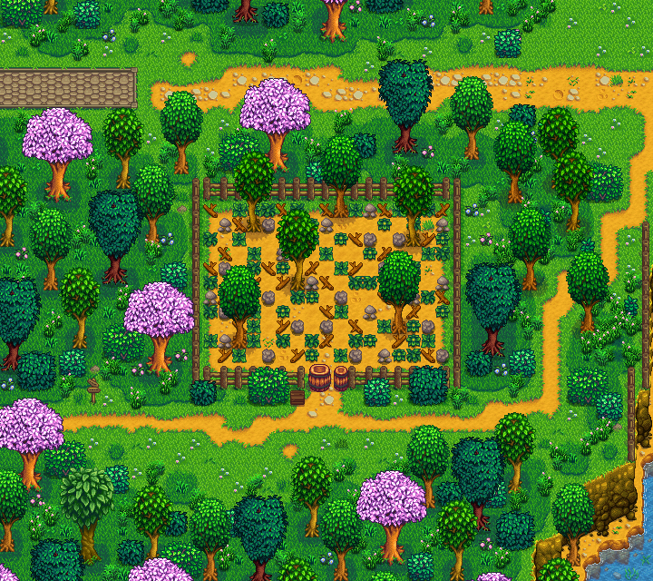 Final farm layout, summer and fall  Stardew valley, Stardew valley farms,  Farm layout