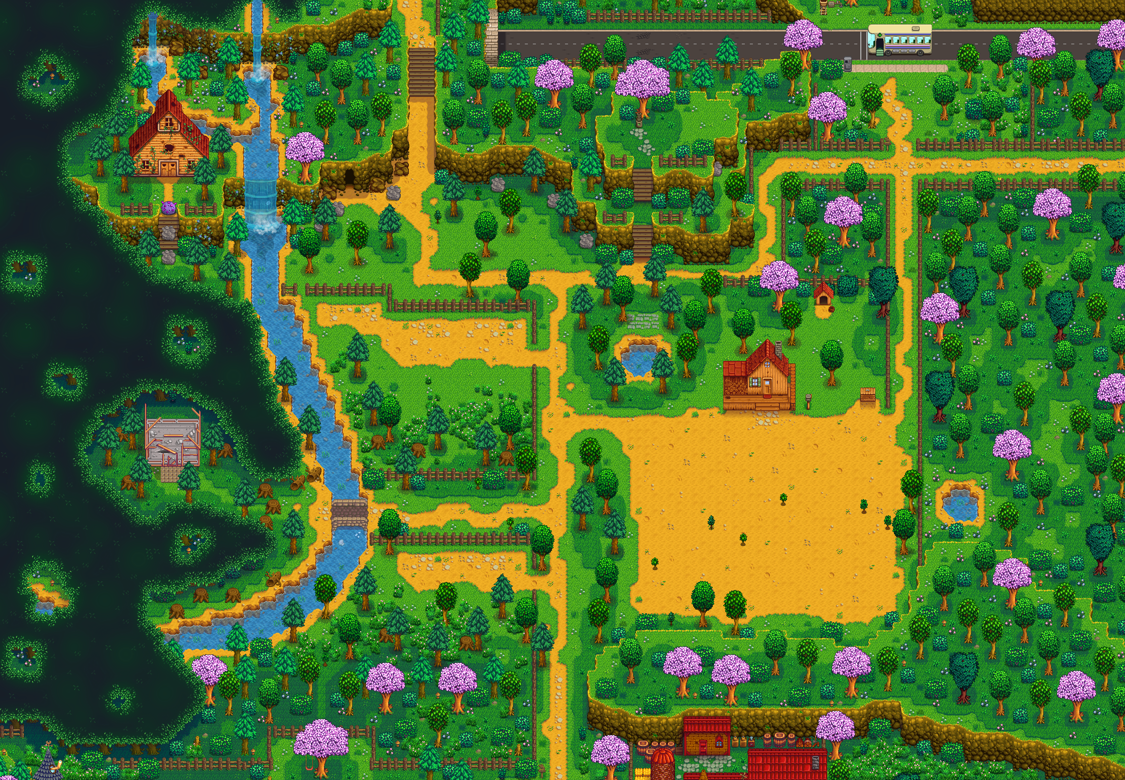 Final farm layout, summer and fall  Stardew valley, Stardew valley farms,  Farm layout