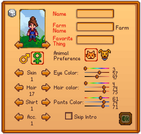 Character creation menu