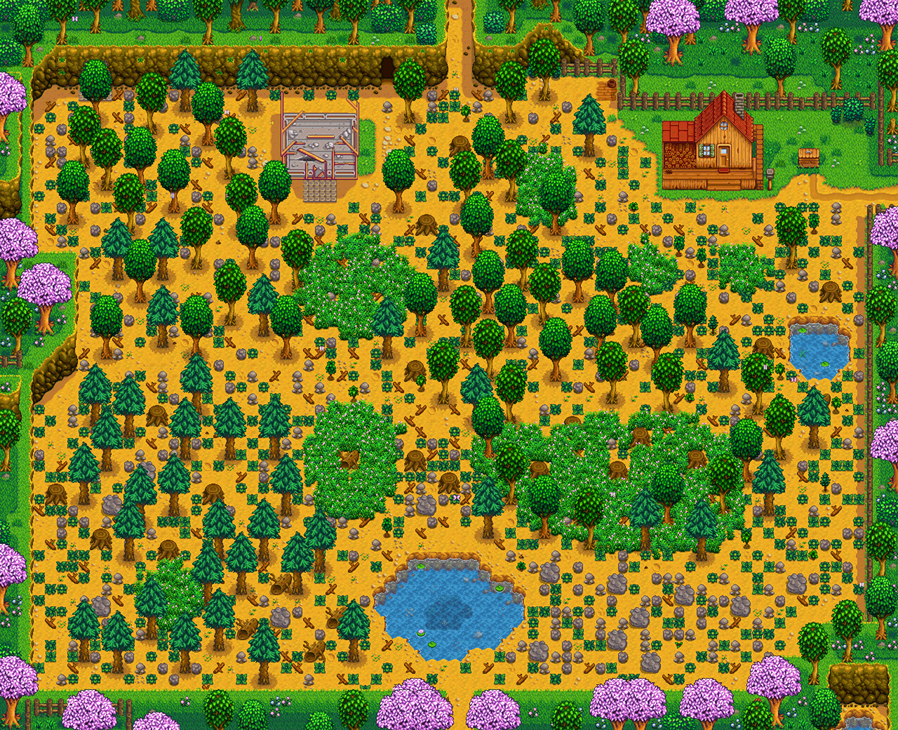 Final farm layout, summer and fall  Stardew valley, Stardew valley farms,  Farm layout