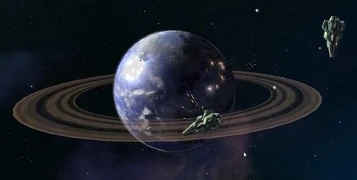 Kulrathi ships bombarding an enemy planet.