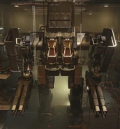 A mech with four-sided cannons on either arm.