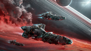 Concepto de nave sobre un gigante gaseoso rojo