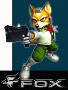 Fox McCloud with his Blaster in Super Smash Bros Melee. From this game onwards, it fires unflinching rays, but at a faster rate