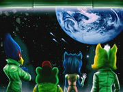 The Star Fox team looks through a window