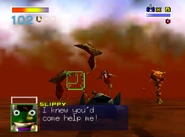 Slippy, stuck in Goras's arm, knew Fox would come help him.