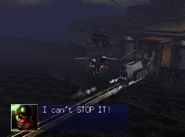 The Forever Train comes crashing into the Macbeth Weapons Factory, destroying everything.