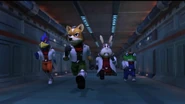 Star Fox prepare to take off into the fray on Corneria, through the Great Fox's hanger.