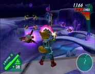 Fox fires his Plasma Cannon at a swarm of Staggers while riding on Falco's Arwing