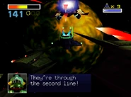 SF64 Area6 2nd Line.png (182 KB) Caiman reporting that Star Fox broke through the second line.