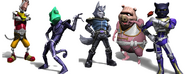 Former and current members of Star Wolf in Star Fox: Assault (from left to right: Andrew Oikonny, Leon Powalski, Wolf O'Donnell, Pigma Dengar, and Panther Caroso).