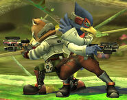 Fox and Falco fight together or against each other in the Super Smash Bros series.