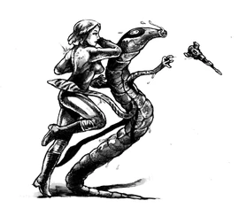 A Sathar and a Human in close combat.