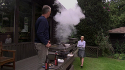 O'Neill having a barbeque, grilling a  and drinking a .
