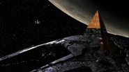 Prometheus and a Ha'tak near Earth's Moon.