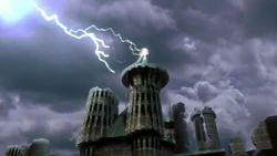 Lightning striking a tower outside the castle on .